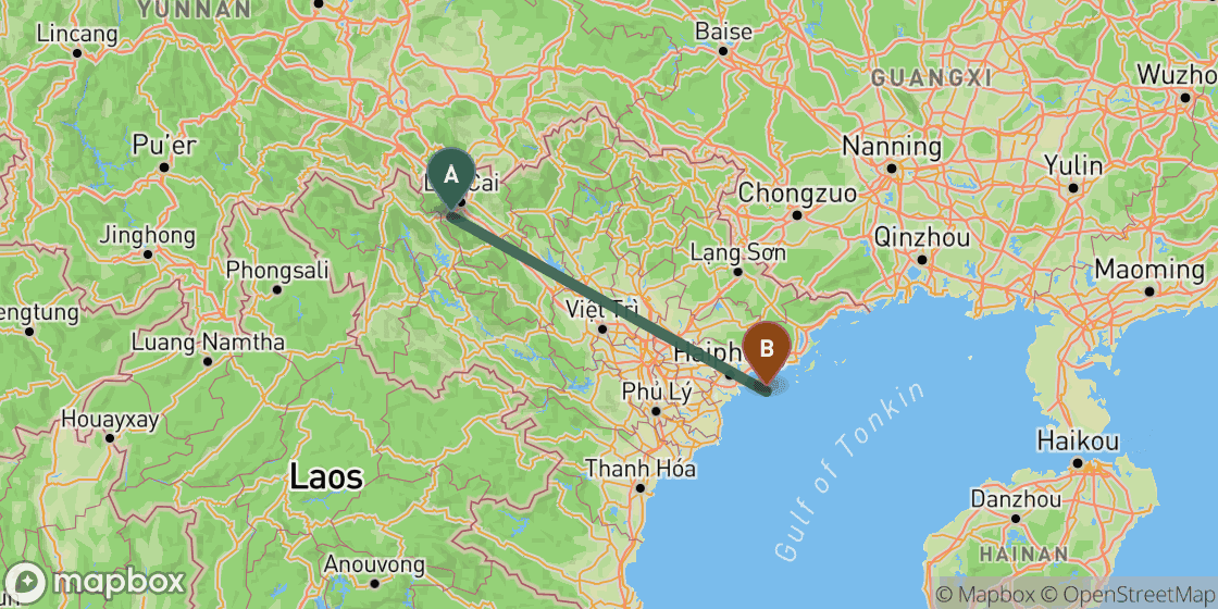 Map showing route from Sapa to CatBa - 377 km