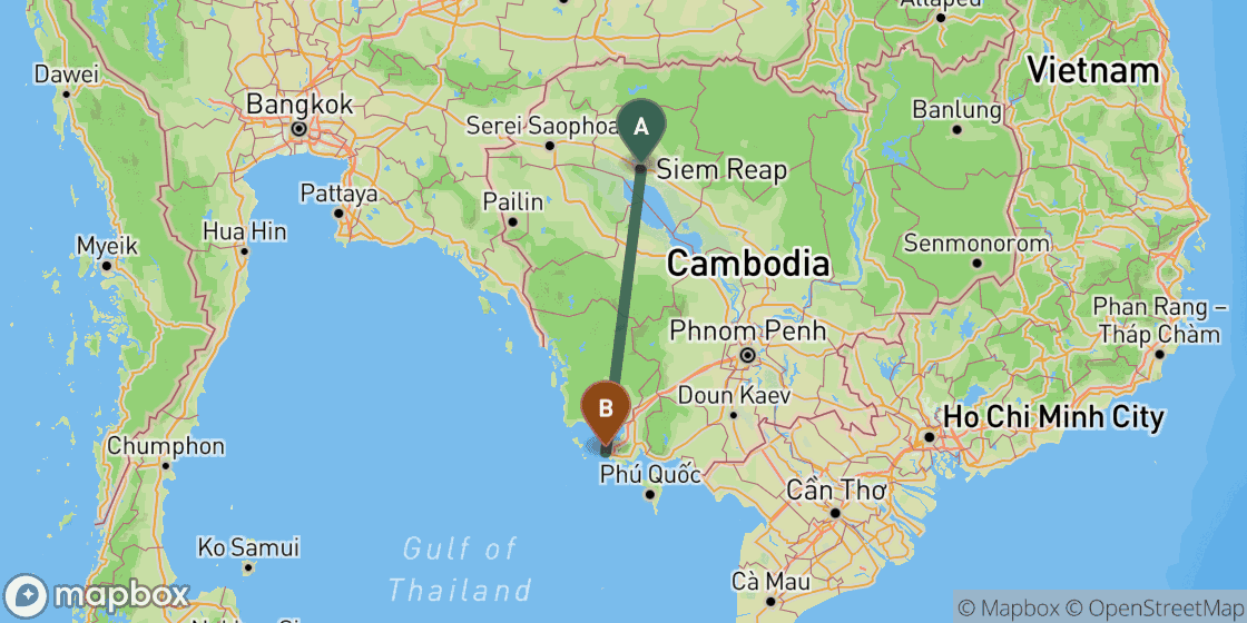 Map showing route from Siem Reap to Sihanoukville - 308 km
