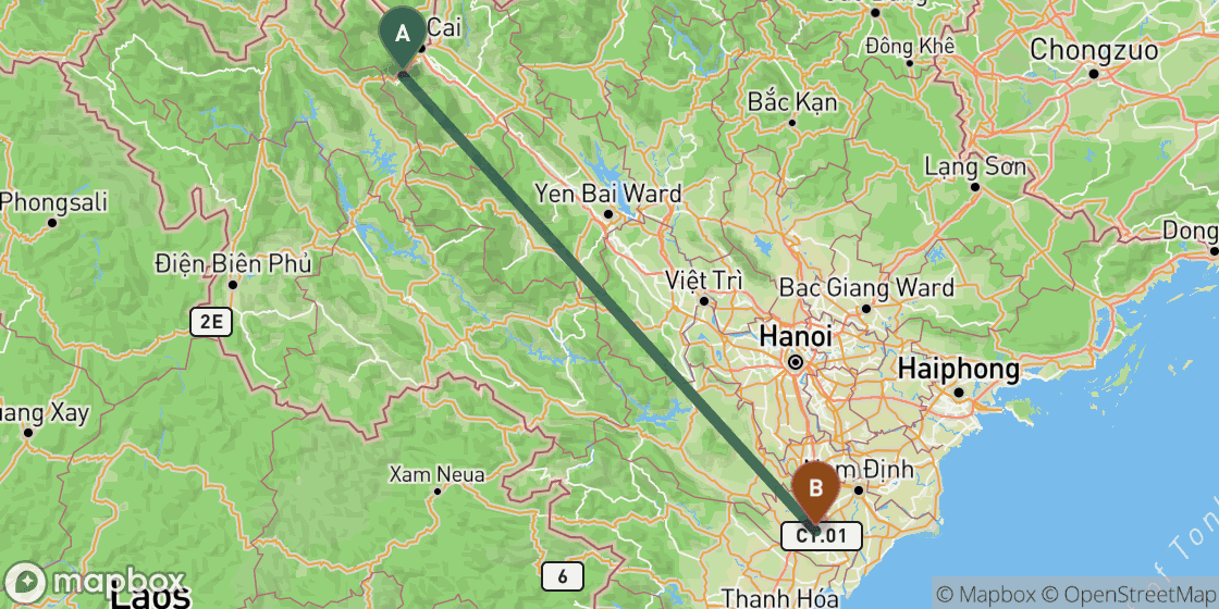 Map showing route from Sapa to Ninh Binh - 320 km
