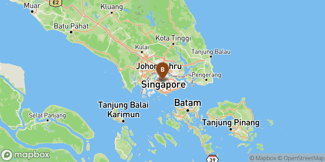Map showing route from Singapore Airport to Singapore City Centre - 20 km