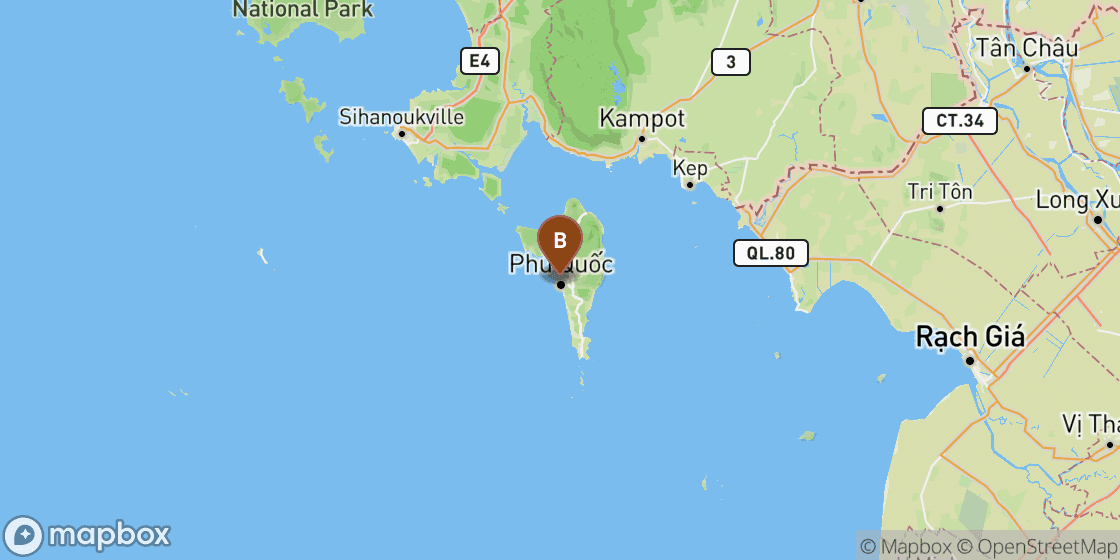 Map showing route from Phu Quoc Port to Phu Quoc City Centre - 20 km