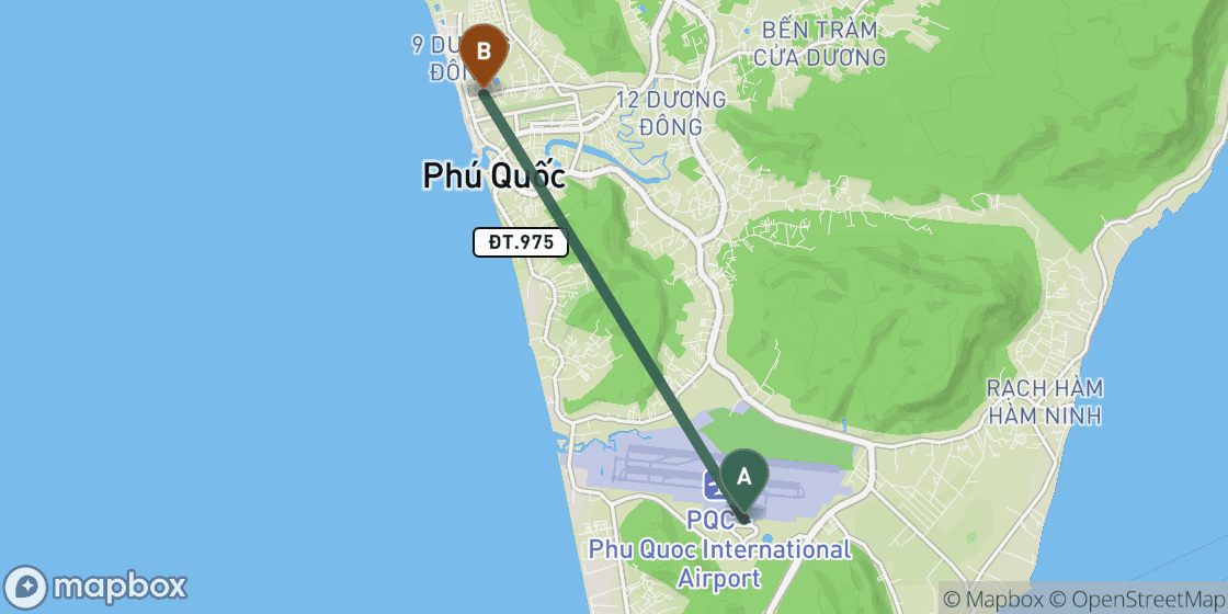 Map showing route from Phu Quoc Airport to Phu Quoc City Centre - 20 km
