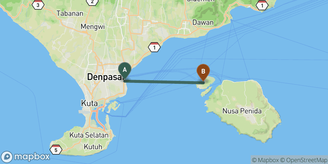 Map showing route from Bali to Nusa Lembongan - 41 km