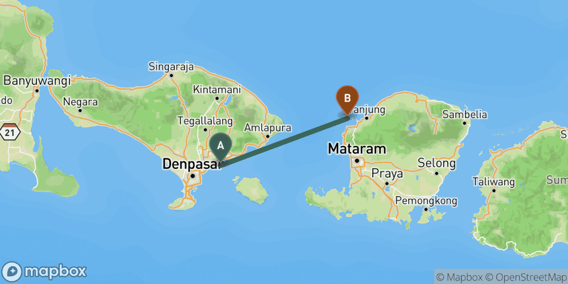Map showing route from Bali to Gili Islands - 96 km