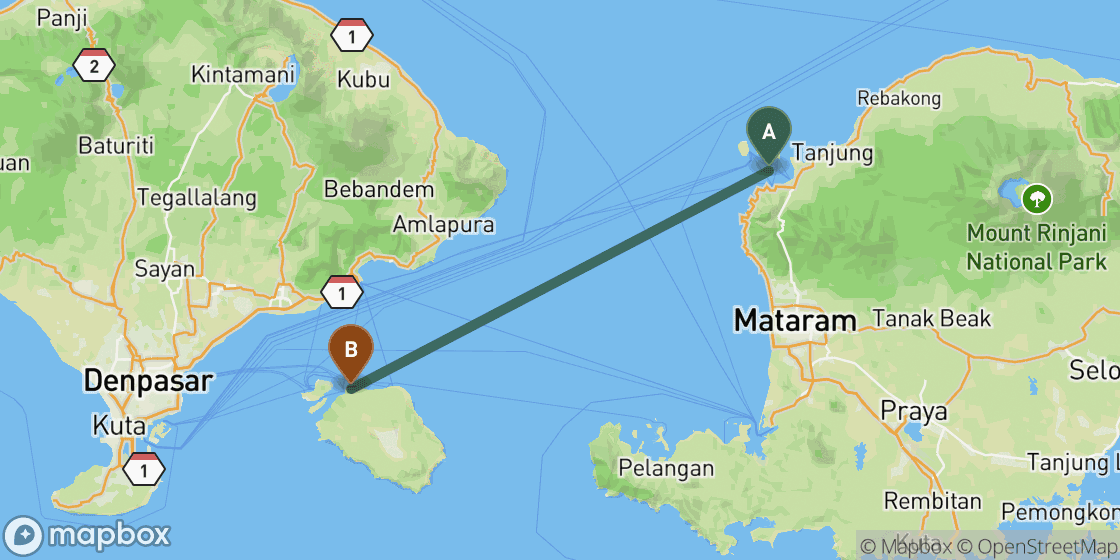 Map showing route from Lombok to Nusa Penida - 96 km
