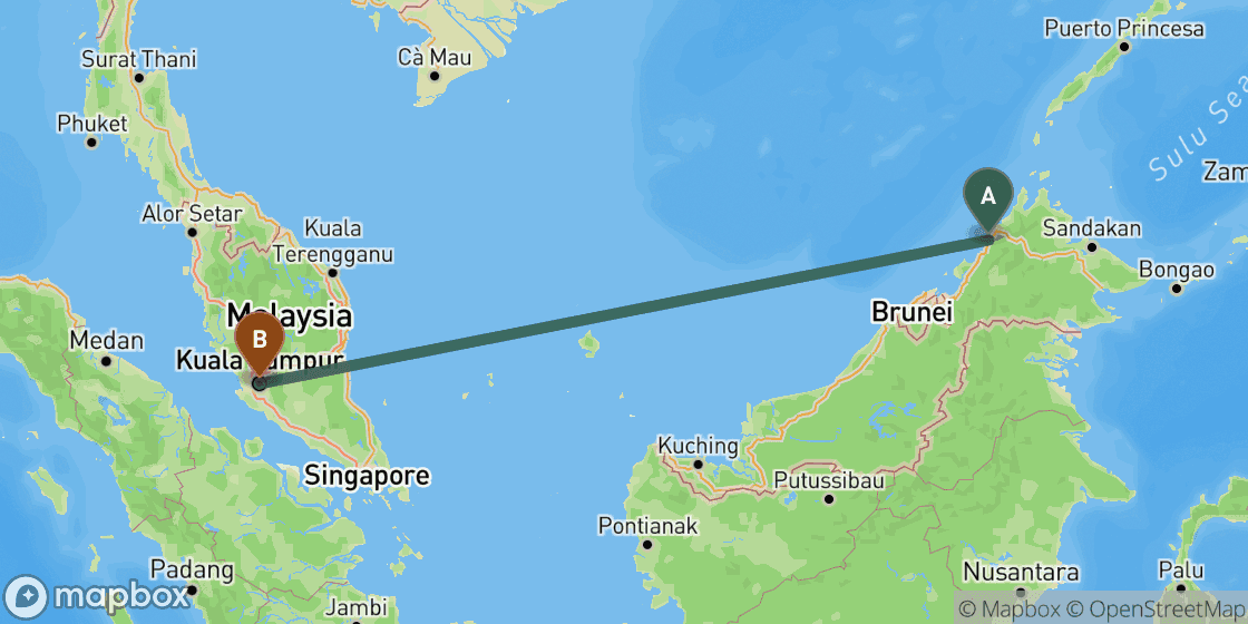 Map showing route from Kota Kinabalu to Kuala Lumpur - 1,624 km
