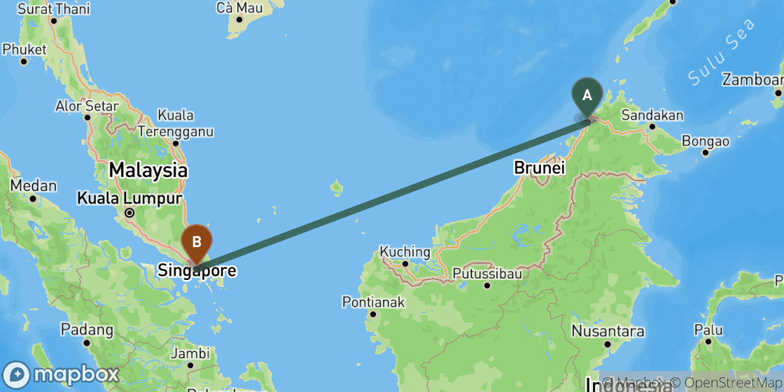 Map showing route from Kota Kinabalu to Singapore - 1,454 km