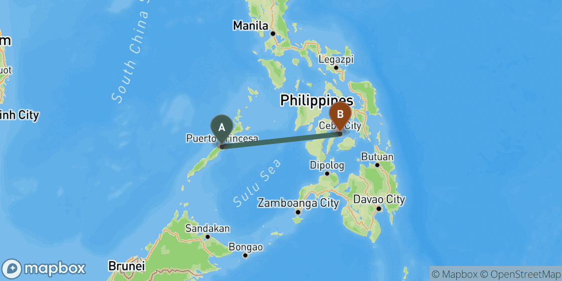 Map showing route from Puerto Princesa to Cebu - 568 km