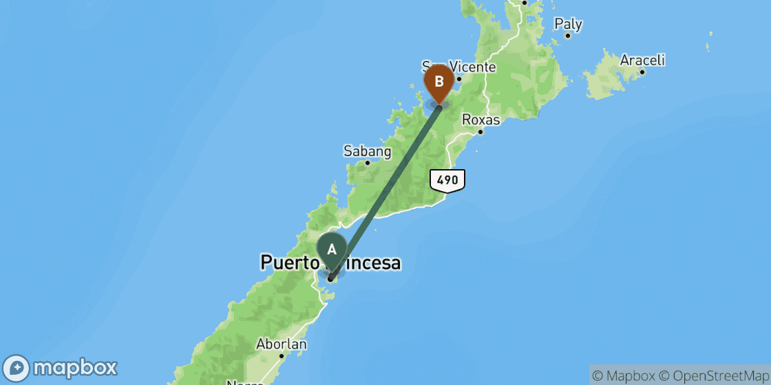 Map showing route from Puerto Princesa to Port Barton - 89 km