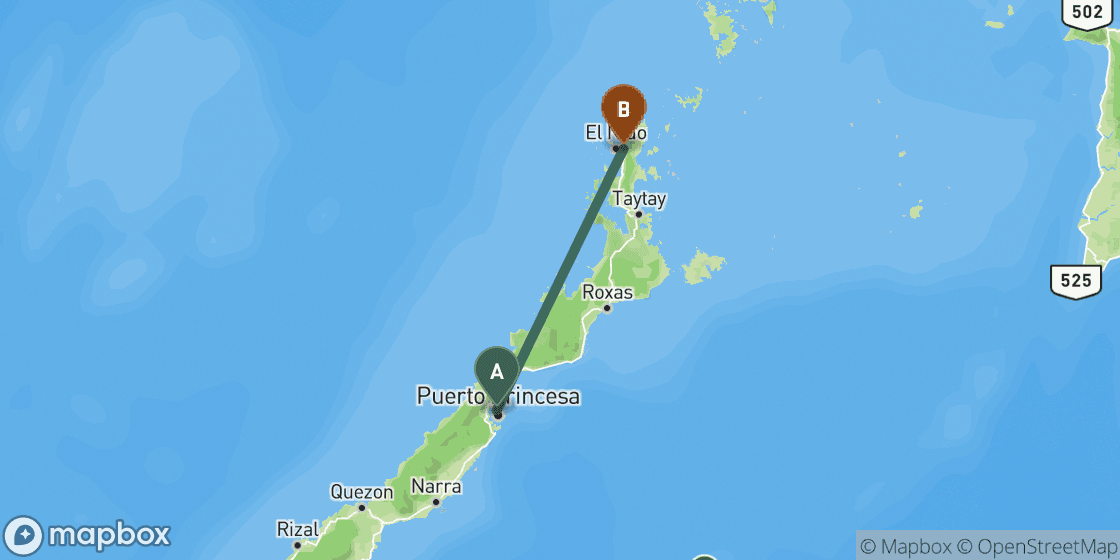 Map showing route from Puerto Princesa to El Nido - 175 km