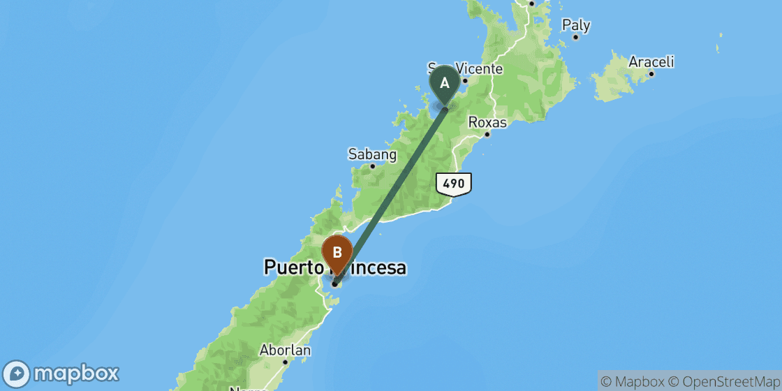 Map showing route from Port Barton to Puerto Princesa - 89 km