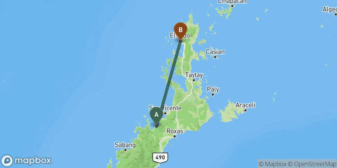 Map showing route from Port Barton to El Nido - 89 km