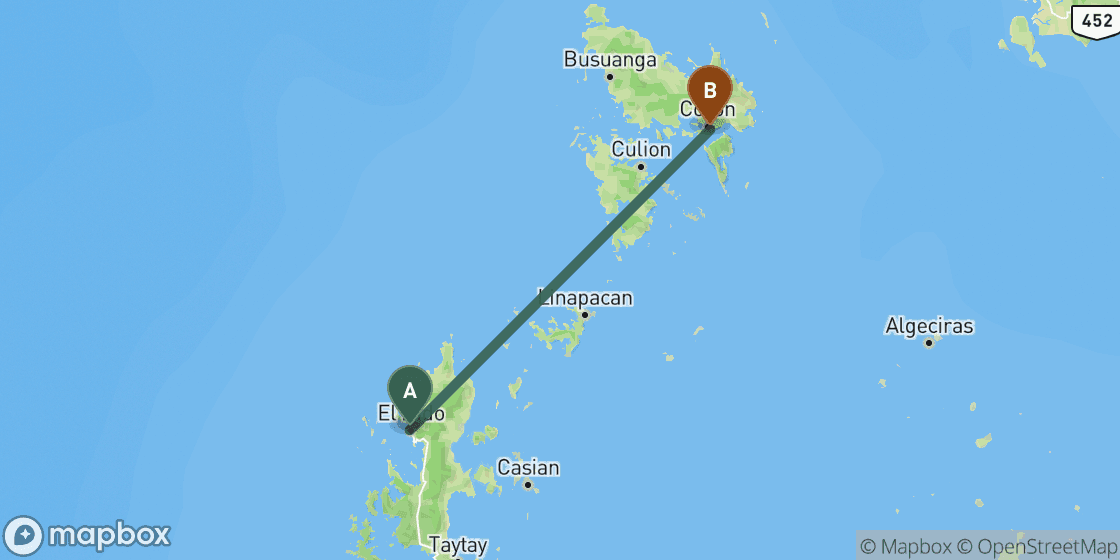 Map showing route from El Nido to Coron - 127 km