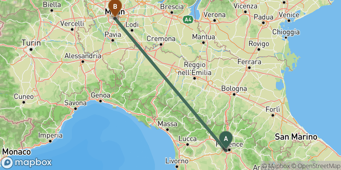 Map showing route from Florence to Milan - 249 km