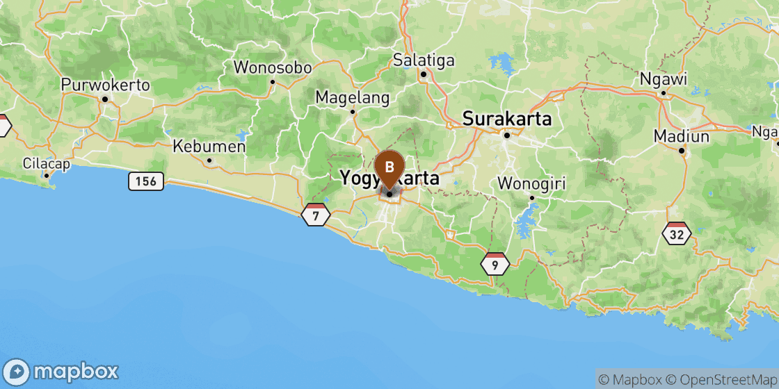 Map showing route from Yogyakarta Airport to Yogyakarta City Centre - 45 km