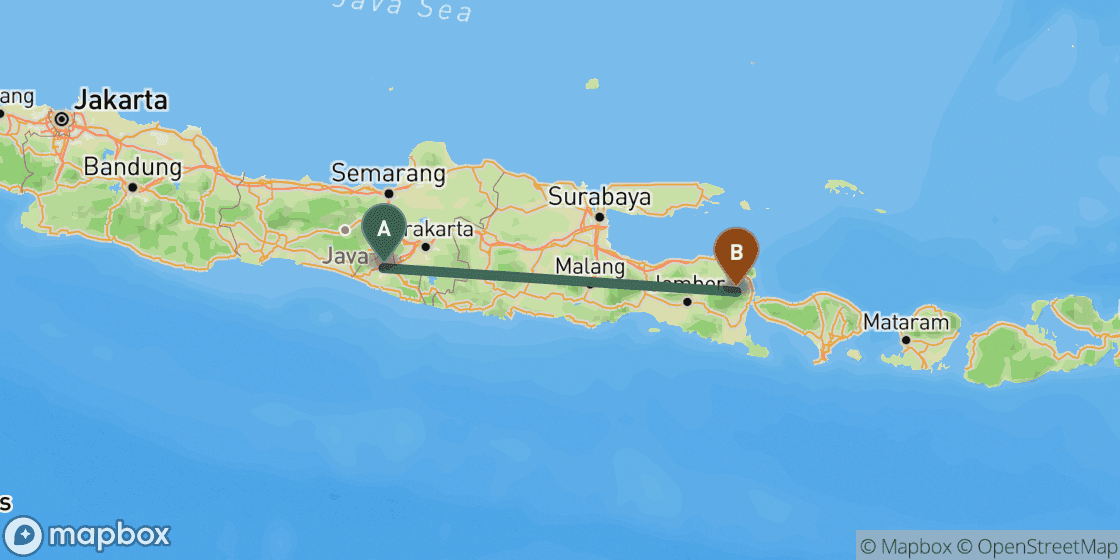 Map showing route from Yogyakarta to Ijen - 428 km