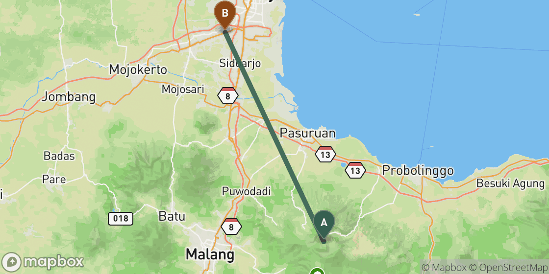Map showing route from Bromo to Bali - 252 km