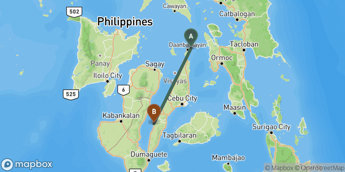 Map showing route from Malapascua to Moalboal - 173 km