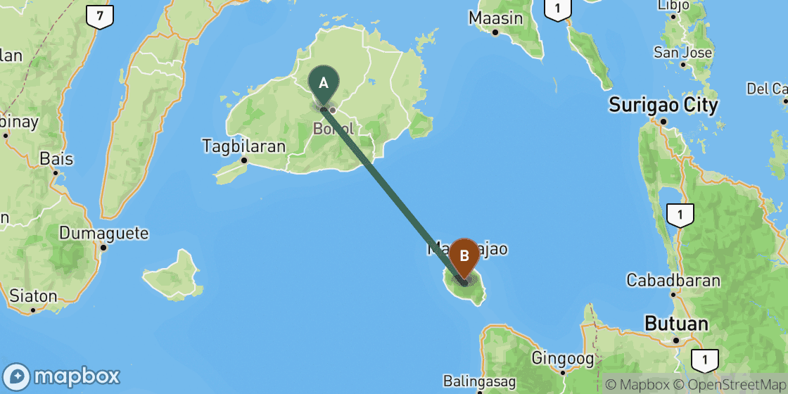 Map showing route from Bohol to Camiguin - 96 km