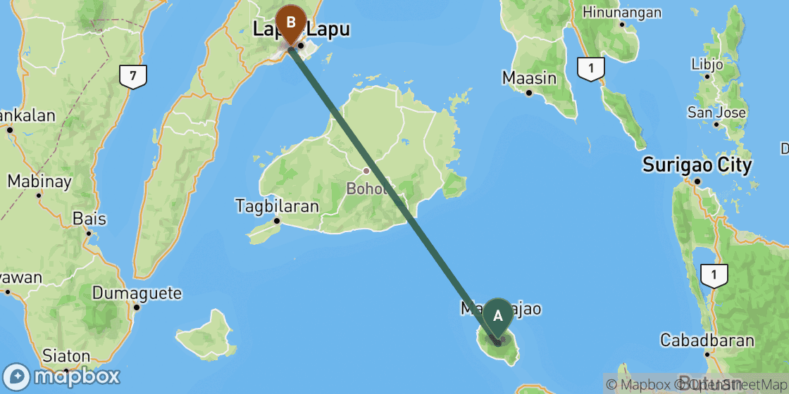 Map showing route from Camiguin to Cebu - 154 km
