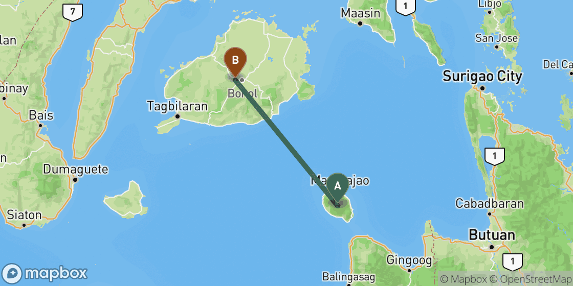 Map showing route from Camiguin to Bohol - 96 km