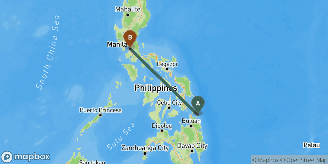 Map showing route from Siargao to Manila - 762 km