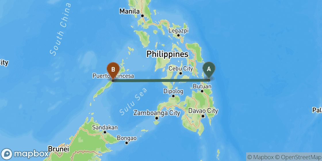 Map showing route from Siargao to Puerto Princesa - 801 km