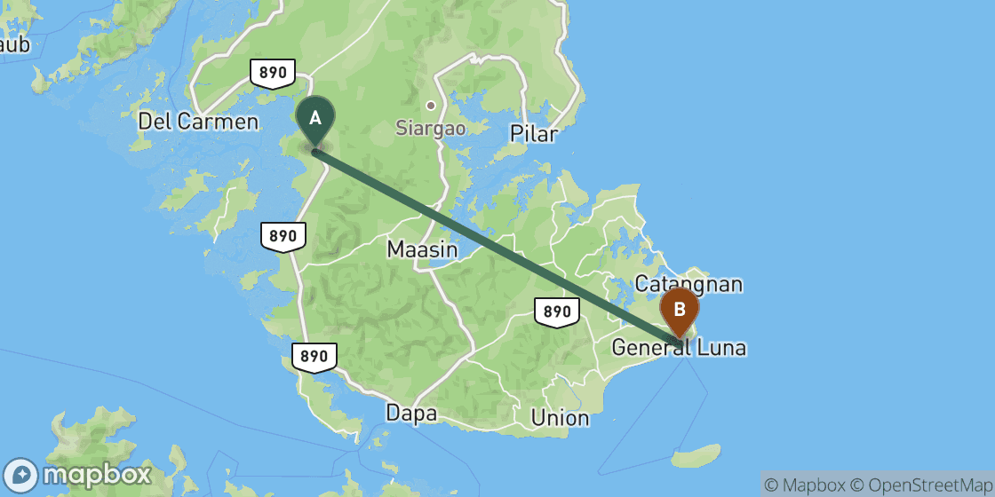 Map showing route from Siargao Airport to Siargao City Centre - 30 km