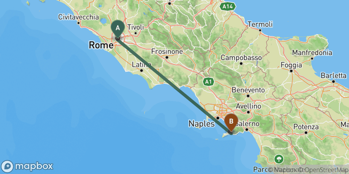 Map showing route from Rome to Positano - 219 km