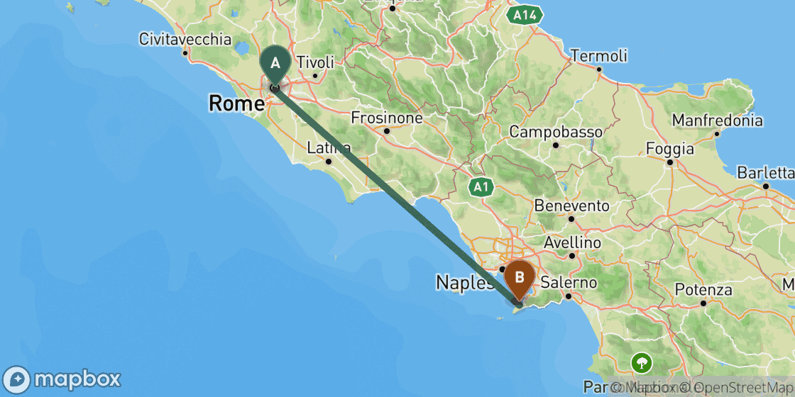 Map showing route from Rome to Sorrento - 212 km