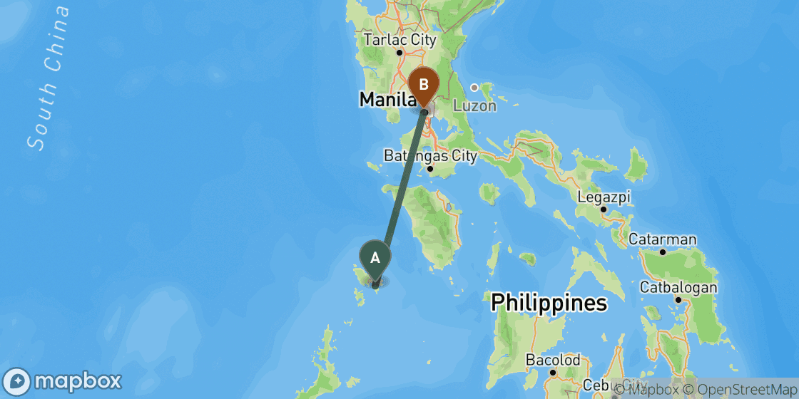 Map showing route from Coron to Manila - 301 km