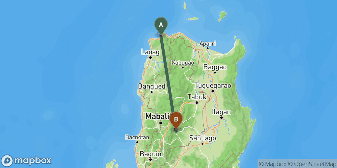 Map showing route from Pagudpud to Banaue - 186 km