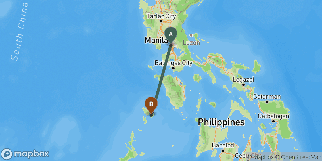 Map showing route from Manila to Coron - 301 km