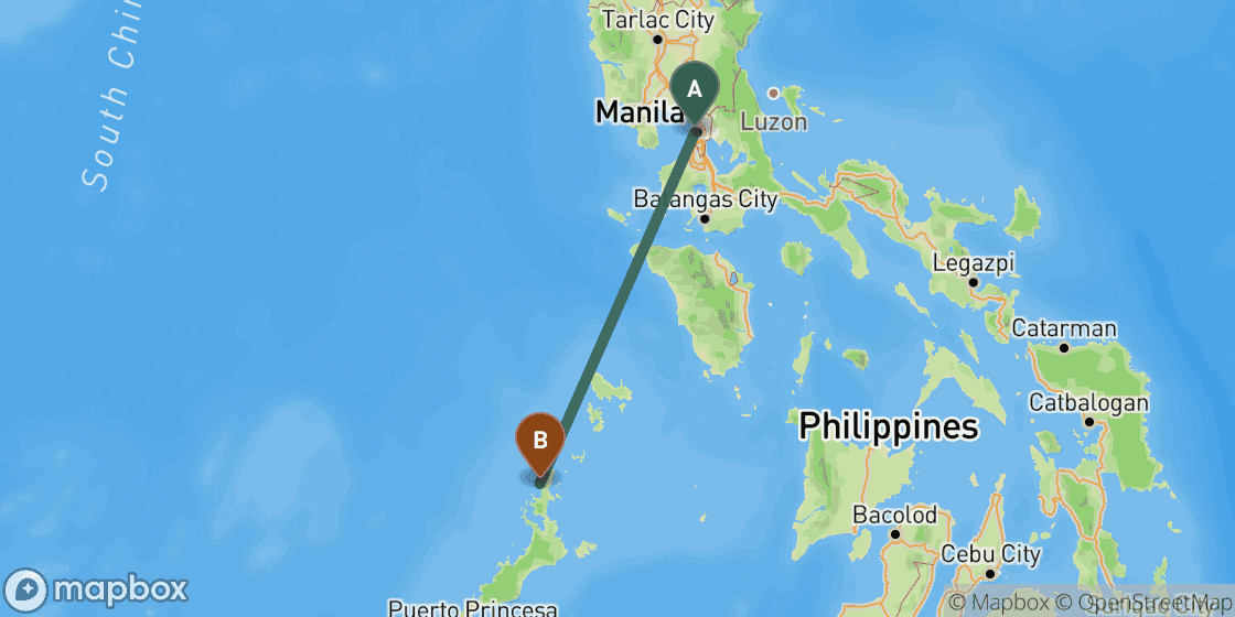Map showing route from Manila to El Nido - 417 km