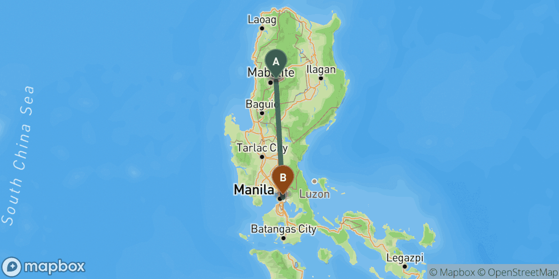 Map showing route from Sagada to Manila - 277 km