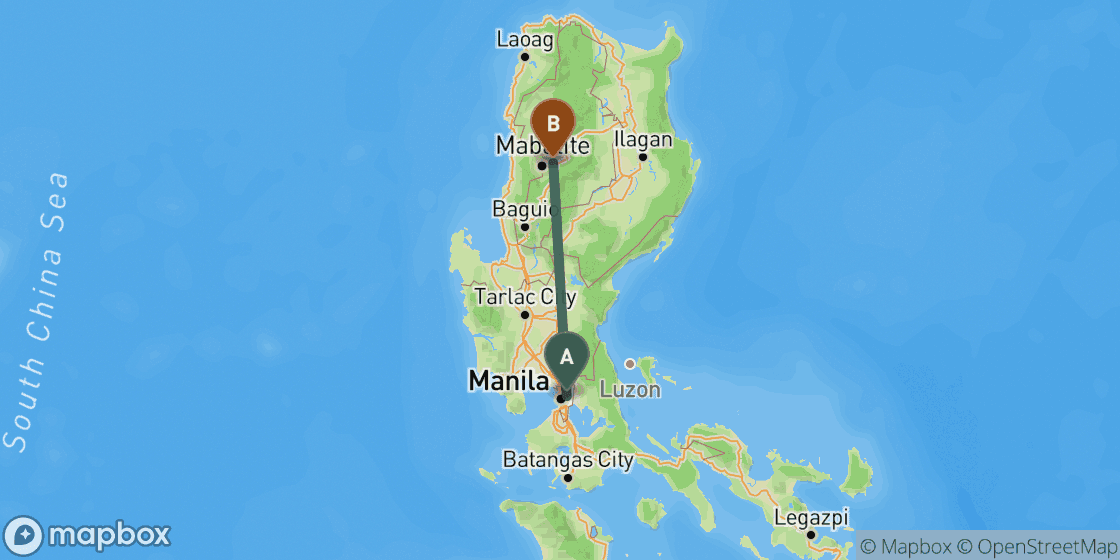 Map showing route from Manila to Sagada - 277 km