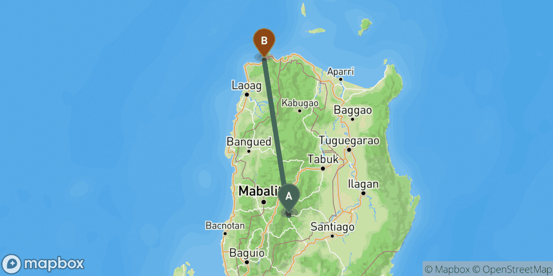 Map showing route from Banaue to Pagudpud - 186 km