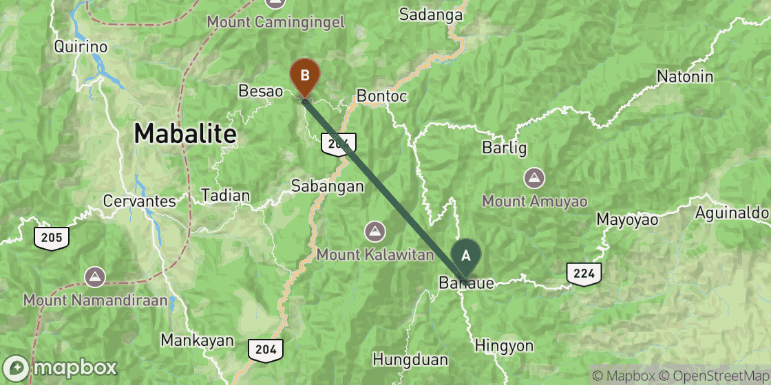 Map showing route from Banaue to Sagada - 26 km