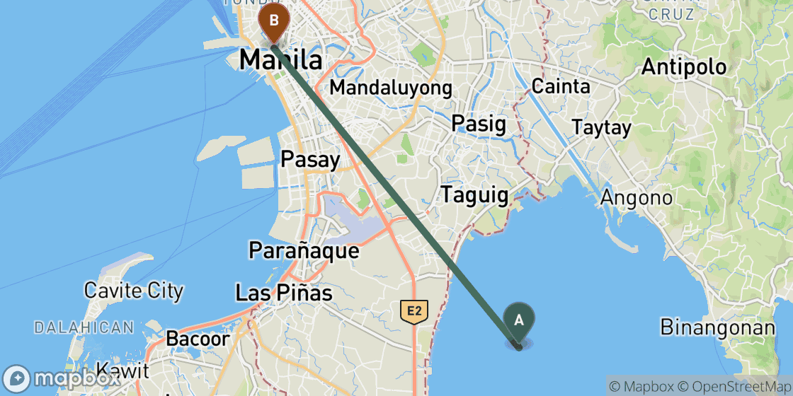 Map showing route from Manila Airport to Manila City Centre - 12 km