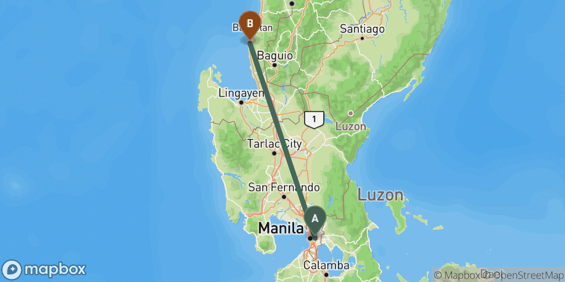 Map showing route from Manila to La Union - 220 km