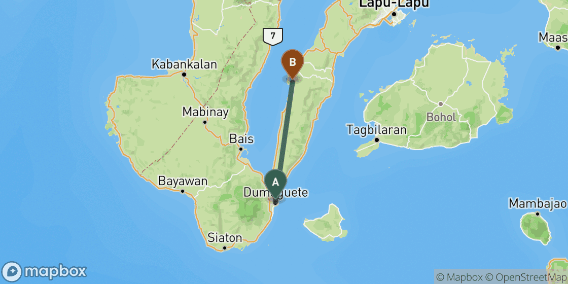 Map showing route from Dumaguete to Moalboal - 72 km