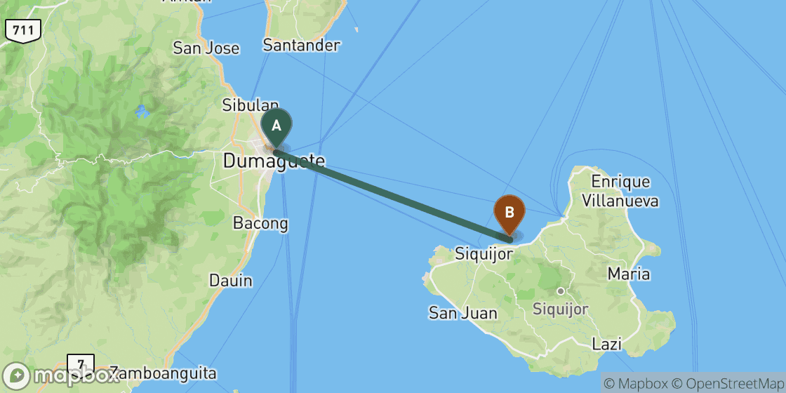 Map showing route from Dumaguete to Siquijor - 34 km