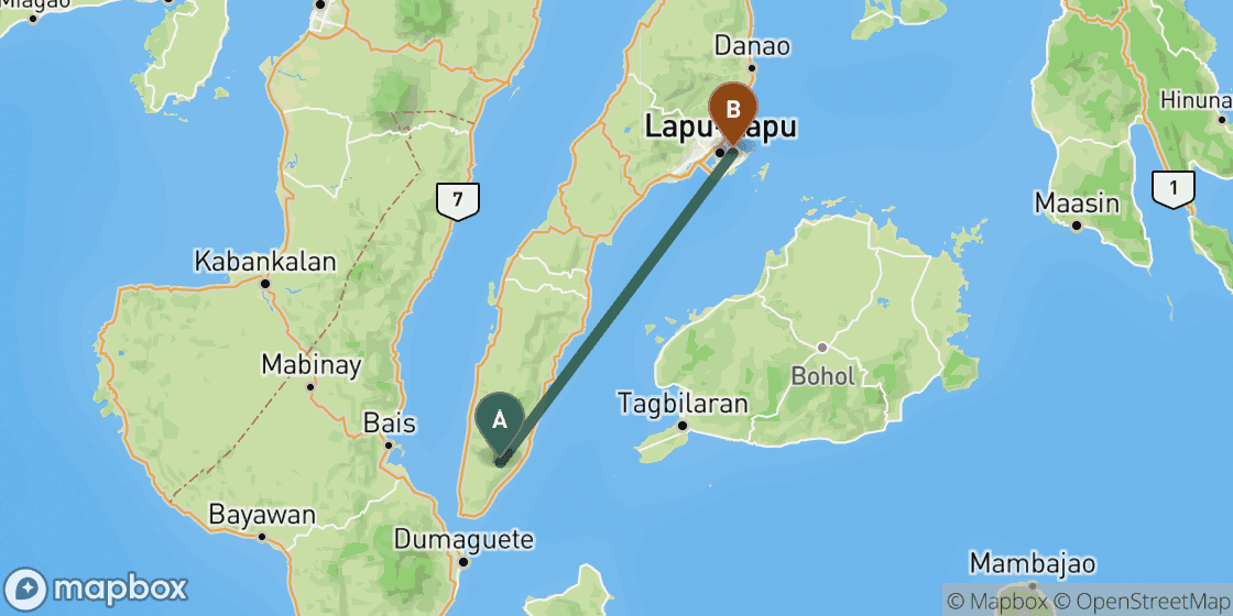 Map showing route from Oslob to Cebu - 99 km