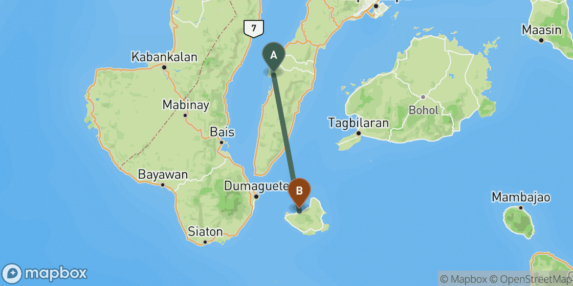 Map showing route from Moalboal to Siquijor - 89 km