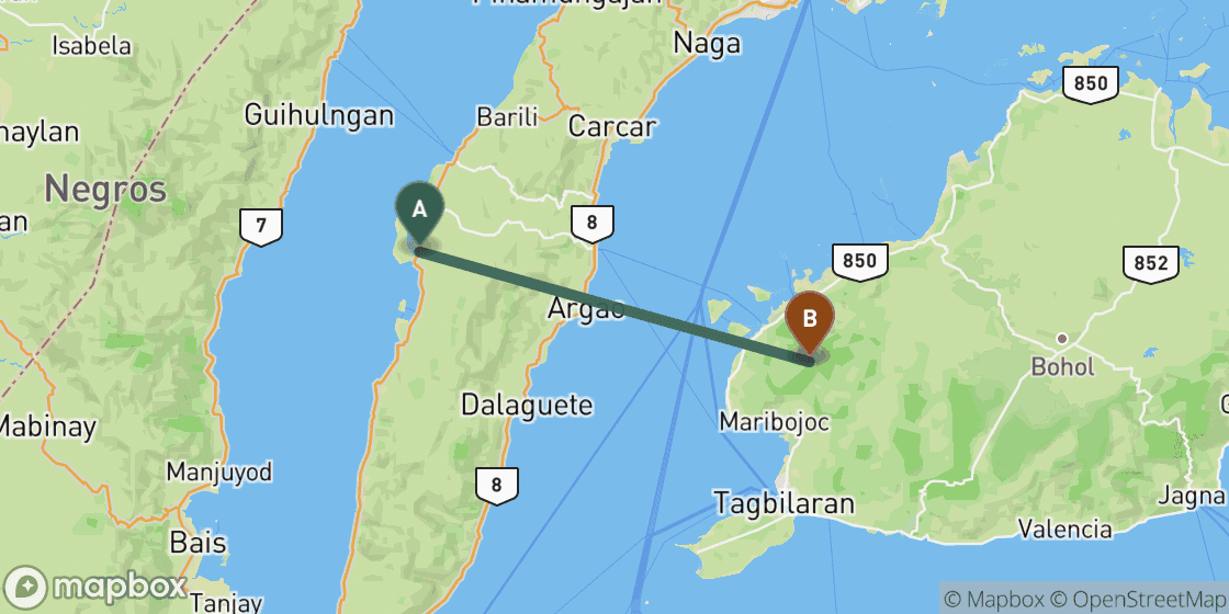 Map showing route from Moalboal to Bohol - 85 km