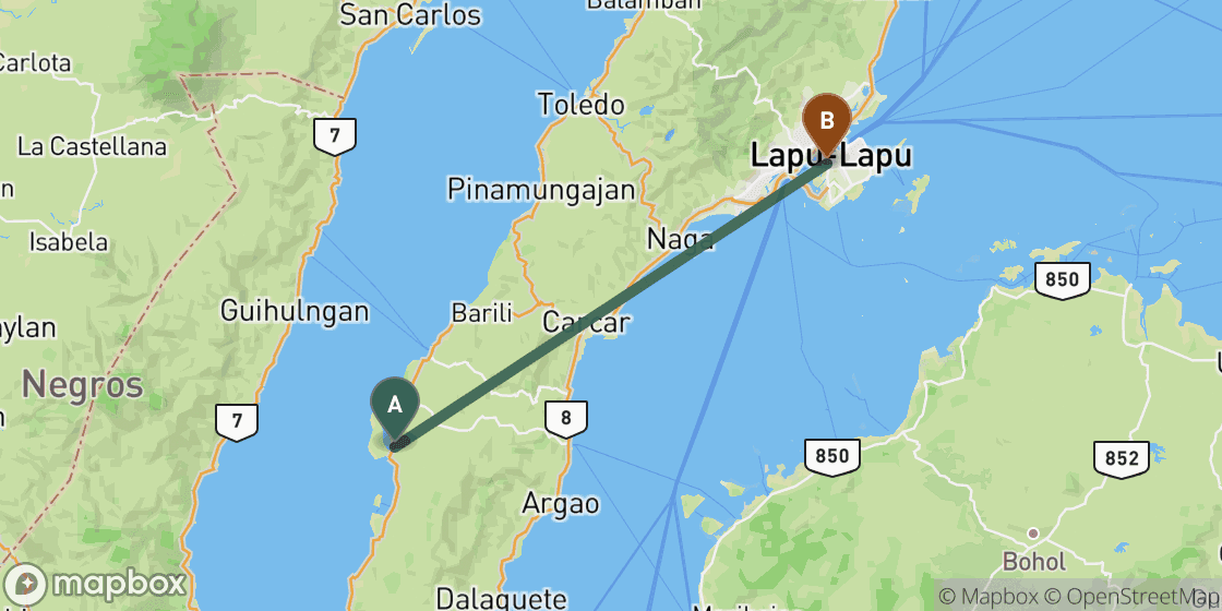 Map showing route from Moalboal to Cebu - 67 km