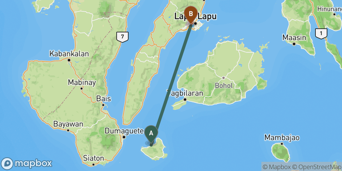 Map showing route from Siquijor to Cebu - 130 km