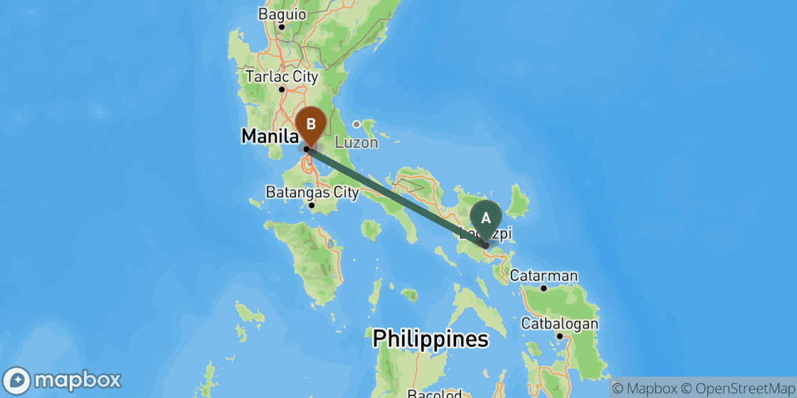Map showing route from Legazpi to Manila - 339 km