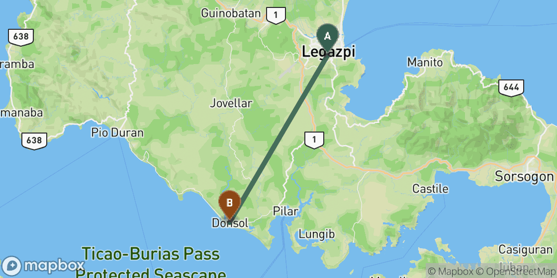 Map showing route from Legazpi to Donsol - 29 km
