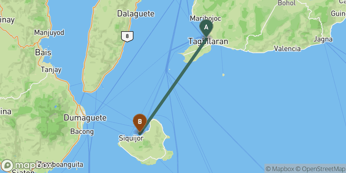 Map showing route from Bohol to Siquijor - 98 km